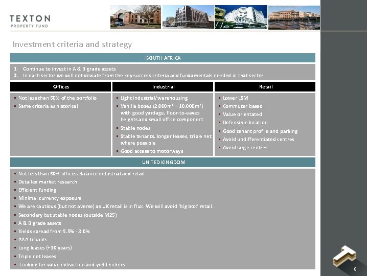 Investment criteria and strategy SOUTH AFRICA 1. Continue to invest in A & B Investment criteria and strategy SOUTH AFRICA 1. Continue to invest in A & B