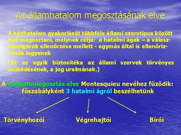 Az államhatalom megosztásának elve A közhatalom gyakorlását többféle állami szervtípus között kell megosztani, melynek