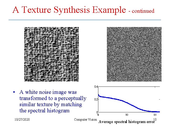 A Texture Synthesis Example - continued • A white noise image was transformed to