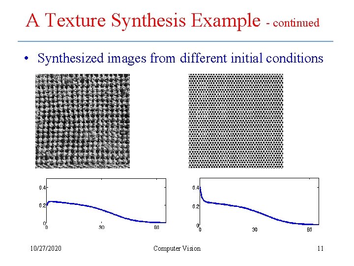 A Texture Synthesis Example - continued • Synthesized images from different initial conditions 10/27/2020
