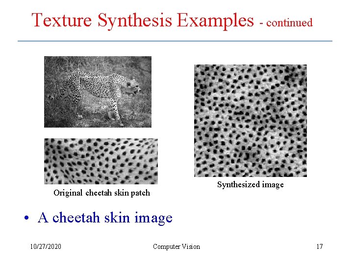 Texture Synthesis Examples - continued Synthesized image Original cheetah skin patch • A cheetah