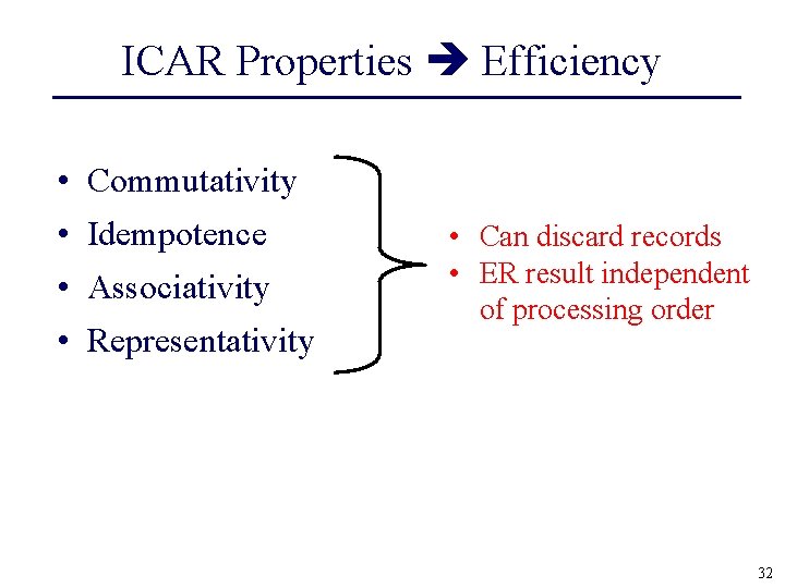 ICAR Properties Efficiency • Commutativity • Idempotence • Associativity • Representativity • Can discard