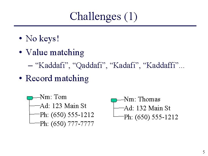 Challenges (1) • No keys! • Value matching – “Kaddafi”, “Qaddafi”, “Kaddaffi”. . .