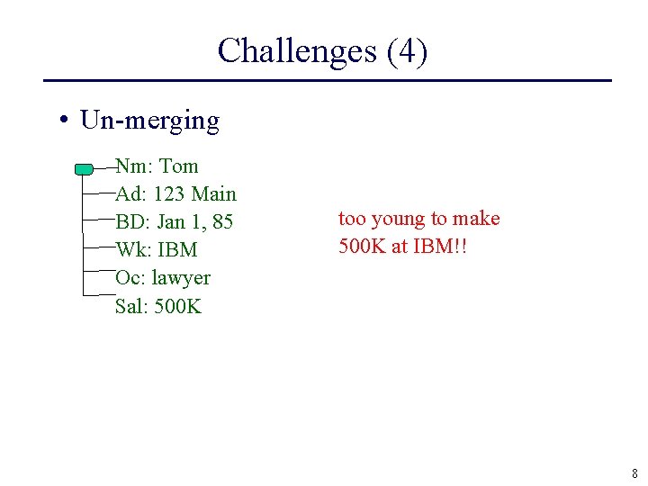 Challenges (4) • Un-merging Nm: Tom Ad: 123 Main BD: Jan 1, 85 Wk: