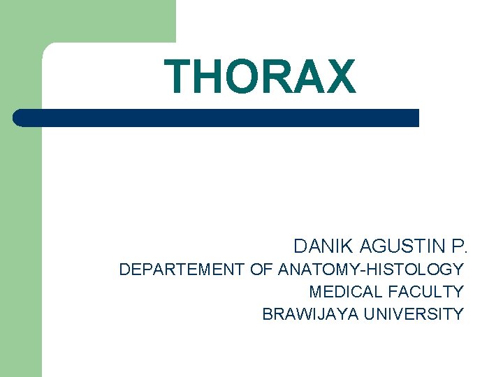 THORAX DANIK AGUSTIN P. DEPARTEMENT OF ANATOMY-HISTOLOGY MEDICAL FACULTY BRAWIJAYA UNIVERSITY THORAX DANIK AGUSTIN P. DEPARTEMENT OF ANATOMY-HISTOLOGY MEDICAL FACULTY BRAWIJAYA UNIVERSITY