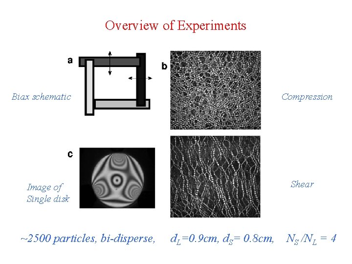 Overview of Experiments Biax schematic Compression Shear Image of Single disk ~2500 particles, bi-disperse,