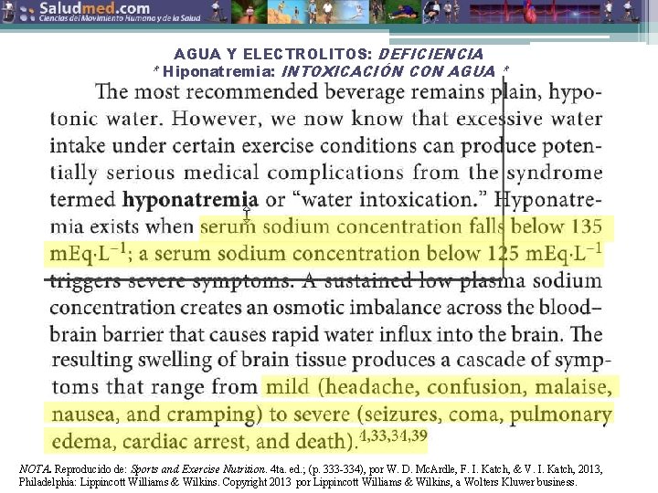 AGUA Y ELECTROLITOS: DEFICIENCIA * Hiponatremia: INTOXICACIÓN CON AGUA * NOTA. Reproducido de: Sports