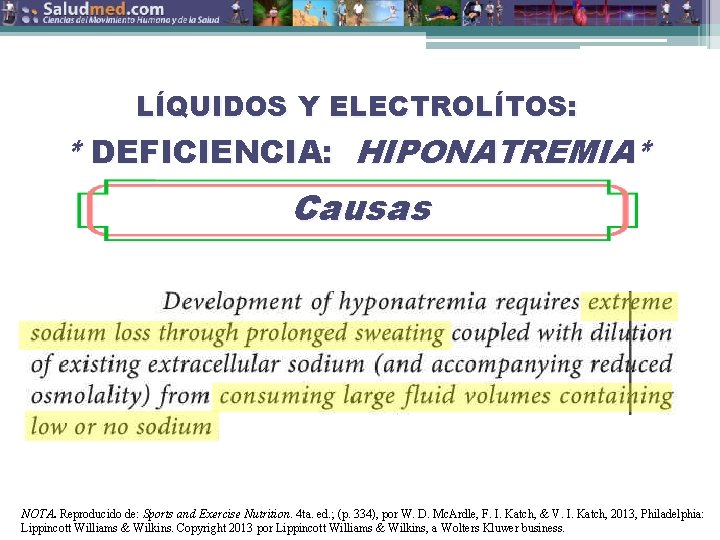 LÍQUIDOS Y ELECTROLÍTOS: * DEFICIENCIA: HIPONATREMIA* Causas NOTA. Reproducido de: Sports and Exercise Nutrition.