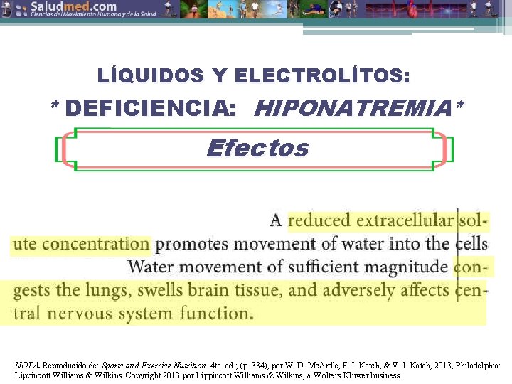 LÍQUIDOS Y ELECTROLÍTOS: * DEFICIENCIA: HIPONATREMIA* Efectos NOTA. Reproducido de: Sports and Exercise Nutrition.