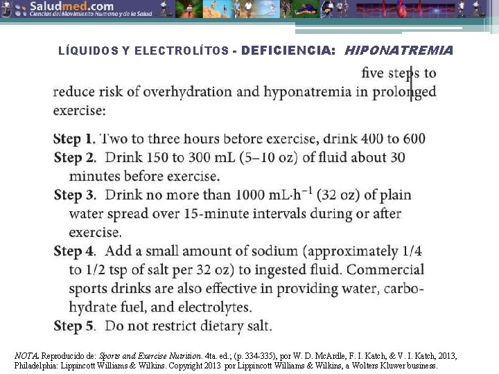 LÍQUIDOS Y ELECTROLÍTOS - DEFICIENCIA: HIPONATREMIA NOTA. Reproducido de: Sports and Exercise Nutrition. 4