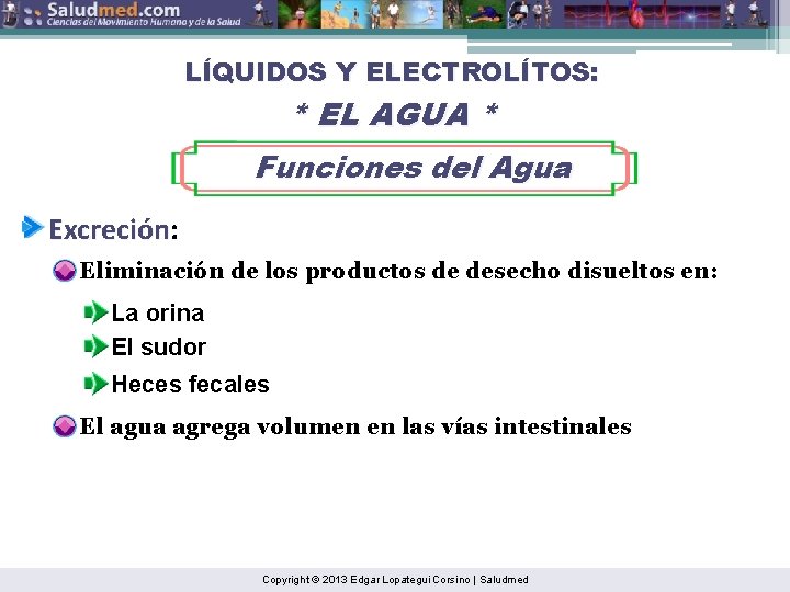 LÍQUIDOS Y ELECTROLÍTOS: * EL AGUA * Funciones del Agua Excreción: Excreción Eliminación de