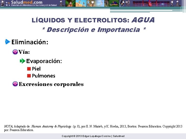 LÍQUIDOS Y ELECTROLITOS: AGUA * Descripción e Importancia * Eliminación: Vía: Evaporación: Piel Pulmones