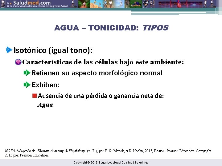 AGUA – TONICIDAD: TIPOS Isotónico (igual tono): Características de las células bajo este ambiente: