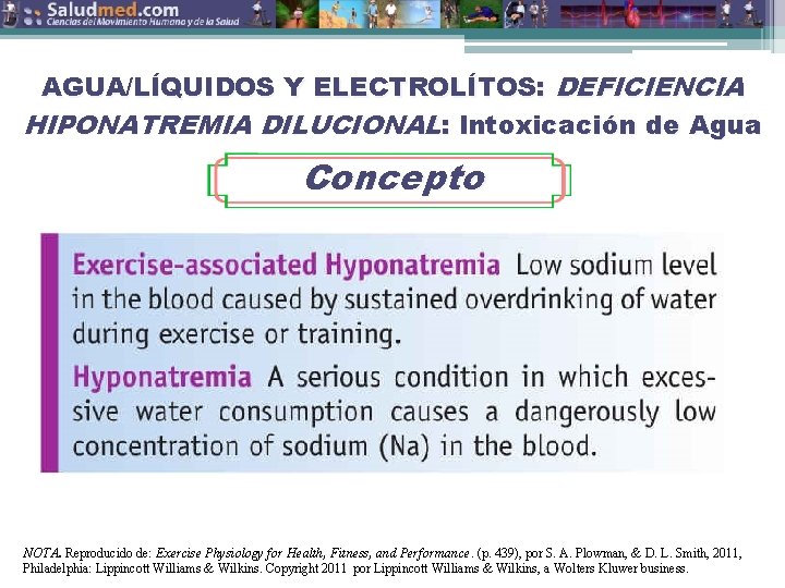 AGUA/LÍQUIDOS Y ELECTROLÍTOS: DEFICIENCIA HIPONATREMIA DILUCIONAL: Intoxicación de Agua Concepto NOTA. Reproducido de: Exercise