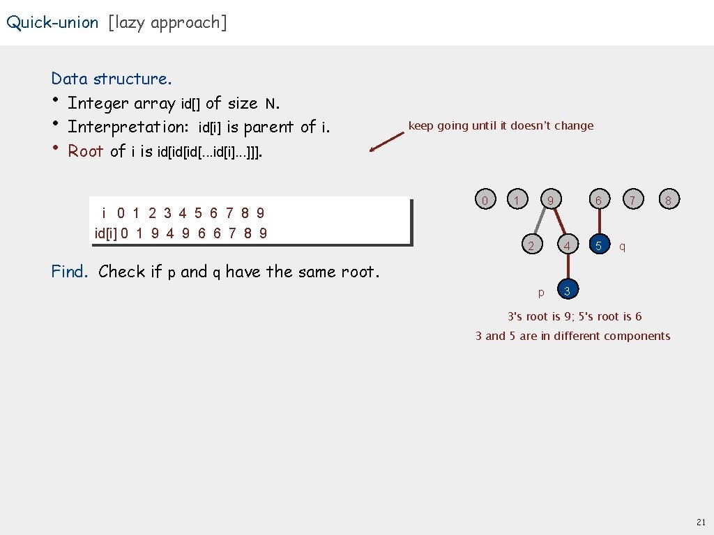 Quick-union [lazy approach] Data structure. • Integer array id[] of size N. • Interpretation: