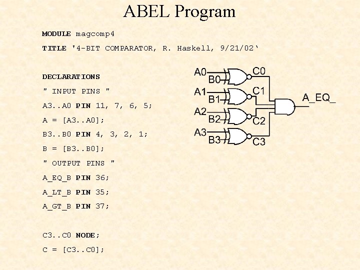 ABEL Program MODULE magcomp 4 TITLE '4 -BIT COMPARATOR, R. Haskell, 9/21/02‘ DECLARATIONS "