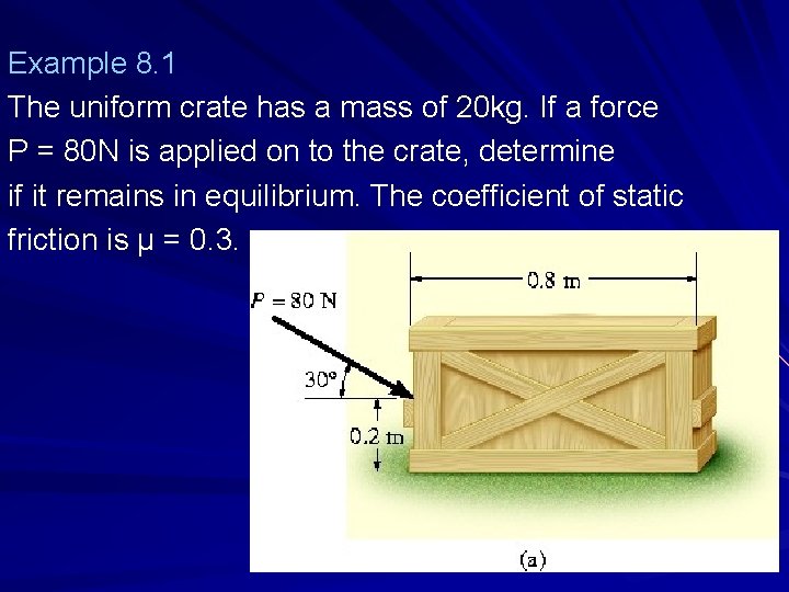 Example 8. 1 The uniform crate has a mass of 20 kg. If a