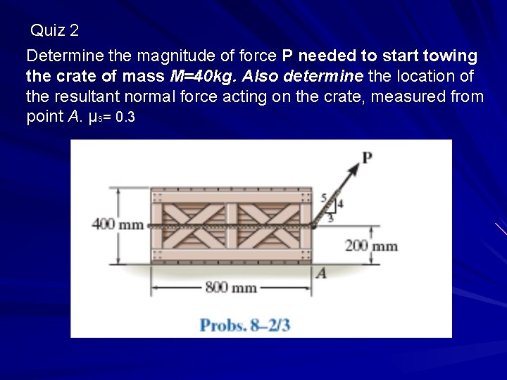 Quiz 2 Determine the magnitude of force P needed to start towing the crate