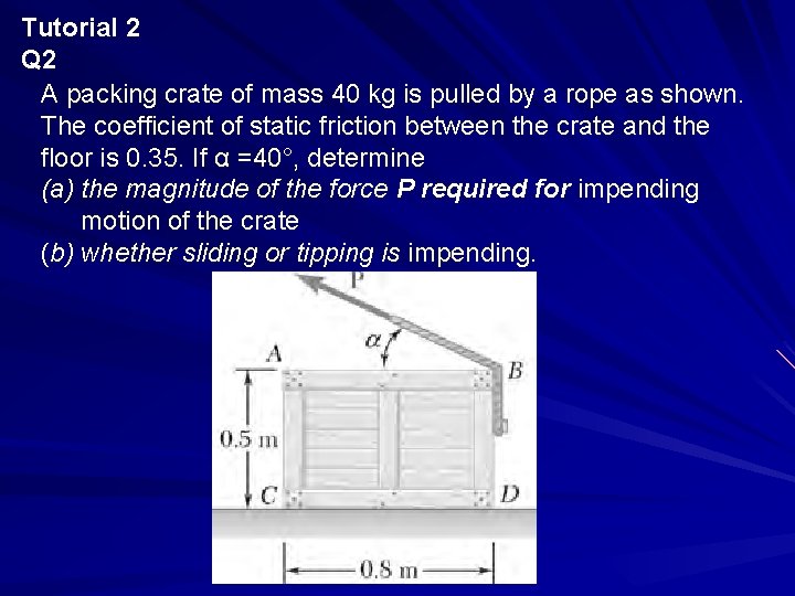 Tutorial 2 Q 2 A packing crate of mass 40 kg is pulled by