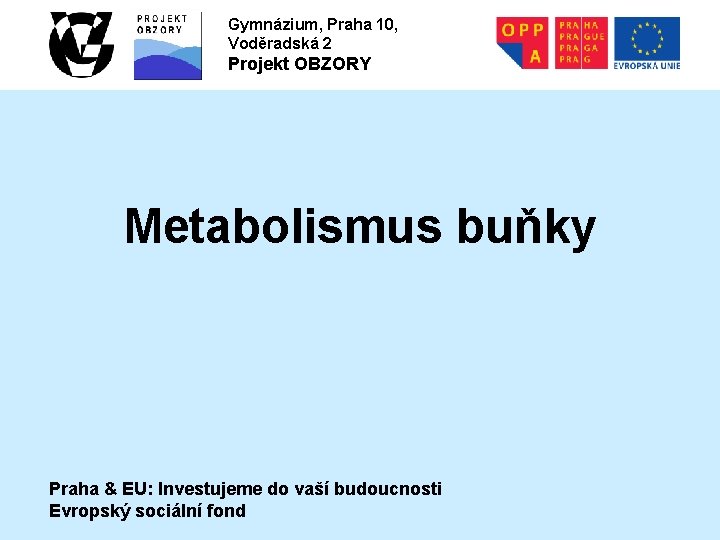 Gymnázium, Praha 10, Voděradská 2 Projekt OBZORY Metabolismus buňky Praha & EU: Investujeme do