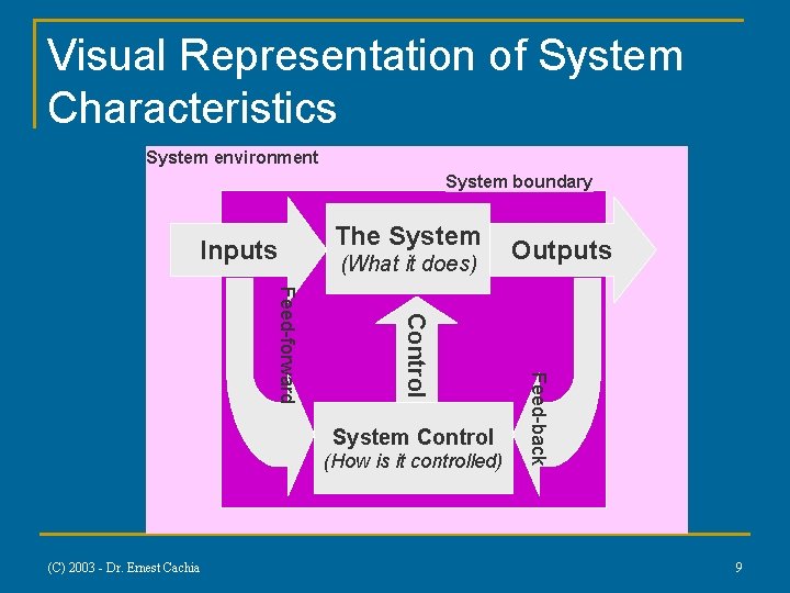 Visual Representation of System Characteristics System environment System boundary Inputs The System (What it