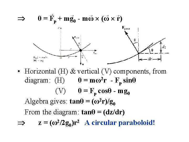 0 = Fp + mg 0 - mω (ω r) • Horizontal (H) 0 = Fp + mg 0 - mω (ω r) • Horizontal (H)