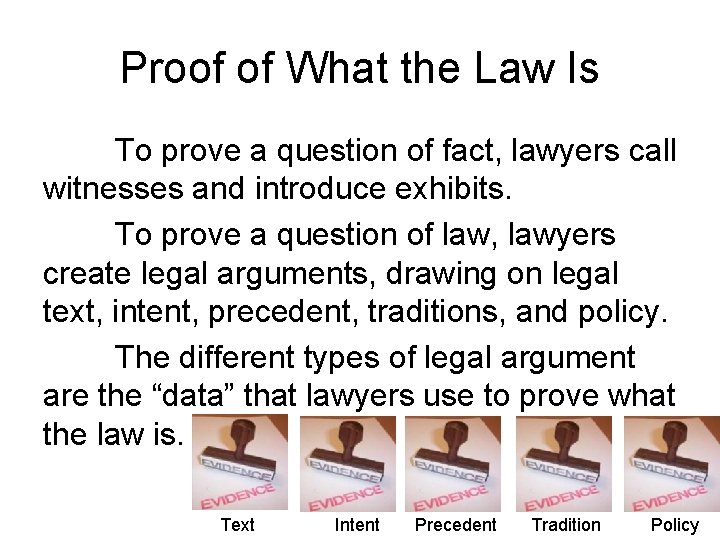 Proof of What the Law Is To prove a question of fact, lawyers call