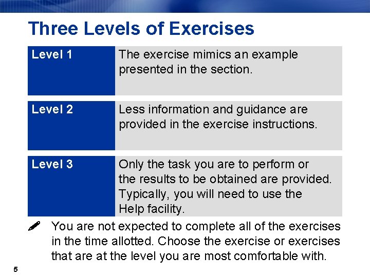 Three Levels of Exercises Level 1 The exercise mimics an example presented in the