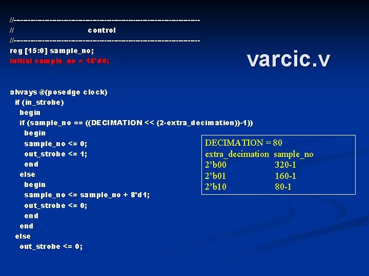 //---------------------------------------// control //---------------------------------------reg [15: 0] sample_no; initial sample_no = 16'd 0; varcic. v always