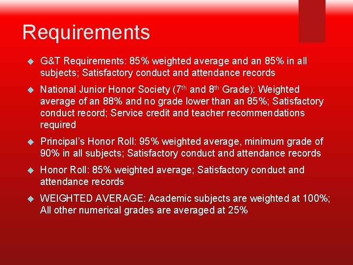 Requirements G&T Requirements: 85% weighted average and an 85% in all subjects; Satisfactory conduct