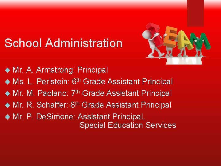 School Administration Mr. A. Armstrong: Principal Ms. L. Perlstein: 6 th Grade Assistant Principal