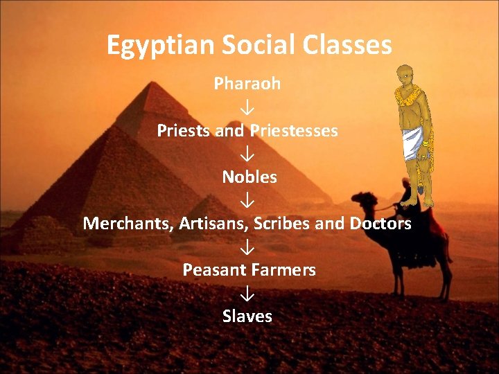 Egyptian Social Classes Pharaoh ↓ Priests and Priestesses ↓ Nobles ↓ Merchants, Artisans, Scribes Egyptian Social Classes Pharaoh ↓ Priests and Priestesses ↓ Nobles ↓ Merchants, Artisans, Scribes