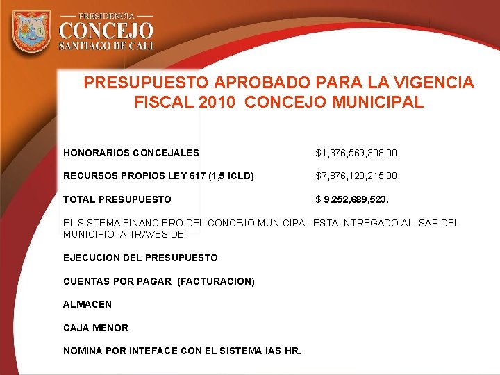 PRESUPUESTO APROBADO PARA LA VIGENCIA FISCAL 2010 CONCEJO MUNICIPAL HONORARIOS CONCEJALES $1, 376, 569,