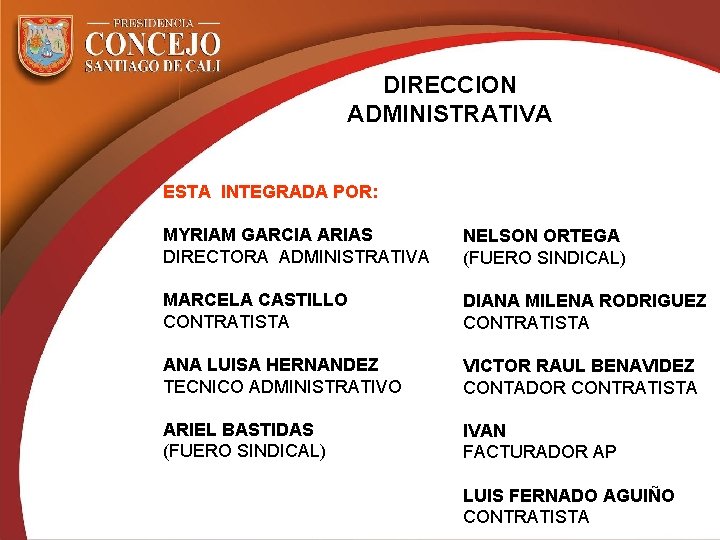 DIRECCION ADMINISTRATIVA ESTA INTEGRADA POR: MYRIAM GARCIA ARIAS DIRECTORA ADMINISTRATIVA NELSON ORTEGA (FUERO SINDICAL)