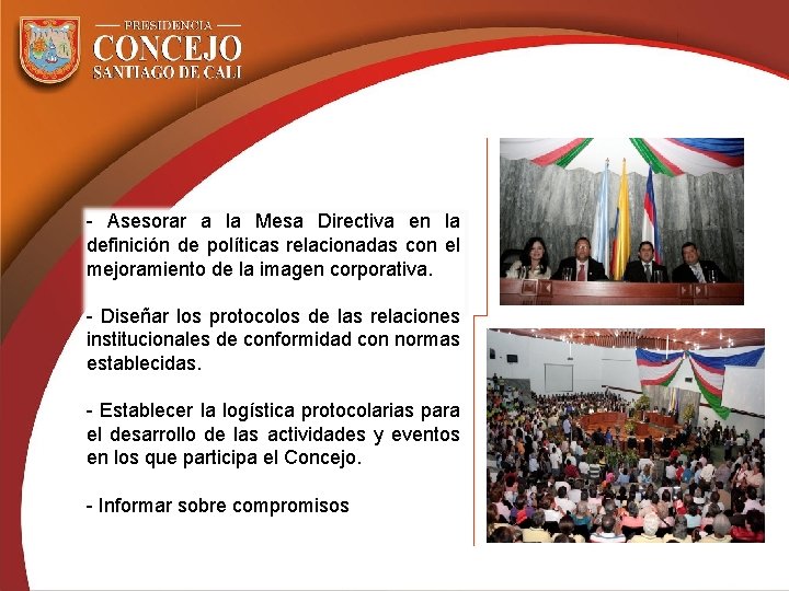 - Asesorar a la Mesa Directiva en la definición de políticas relacionadas con el