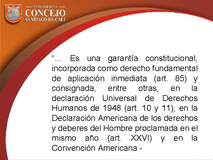 “… Es una garantía constitucional, incorporada como derecho fundamental de aplicación inmediata (art. 85)
