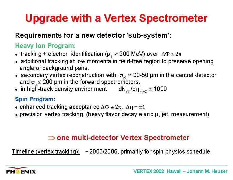 Upgrade with a Vertex Spectrometer Requirements for a new detector 'sub-system': Heavy Ion Program: