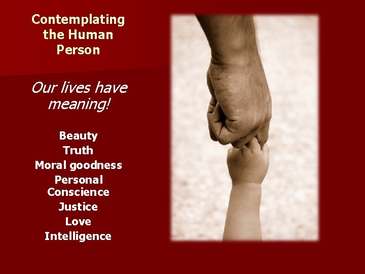 Contemplating the Human Person Our lives have meaning! Beauty Truth Moral goodness Personal Conscience