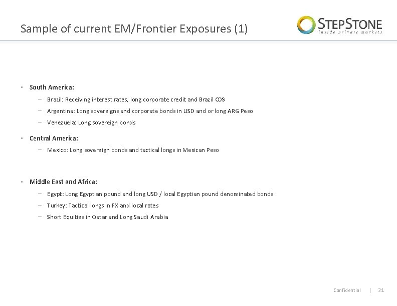 Sample of current EM/Frontier Exposures (1) • South America: − Brazil: Receiving interest rates,