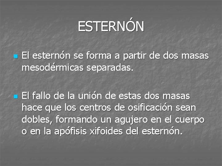 ESTERNÓN n n El esternón se forma a partir de dos masas mesodérmicas separadas.