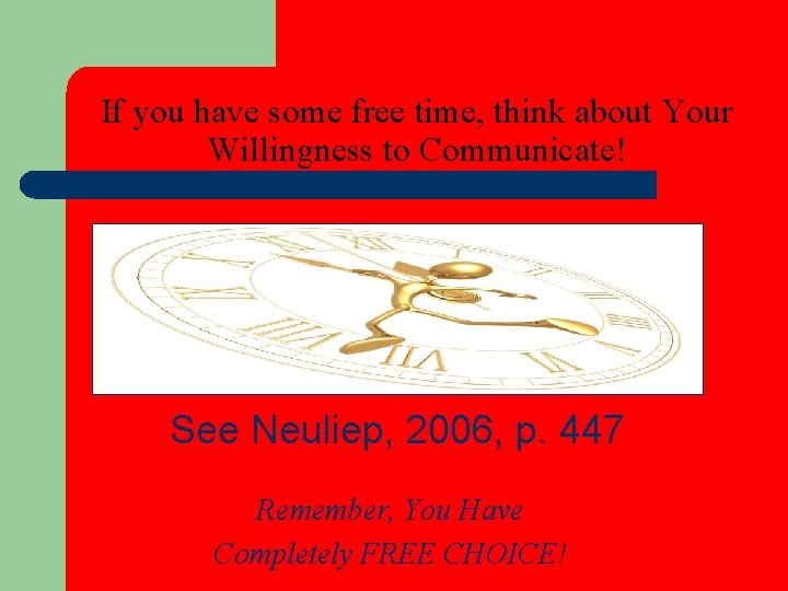 If you have some free time, think about Your Willingness to Communicate! See Neuliep,