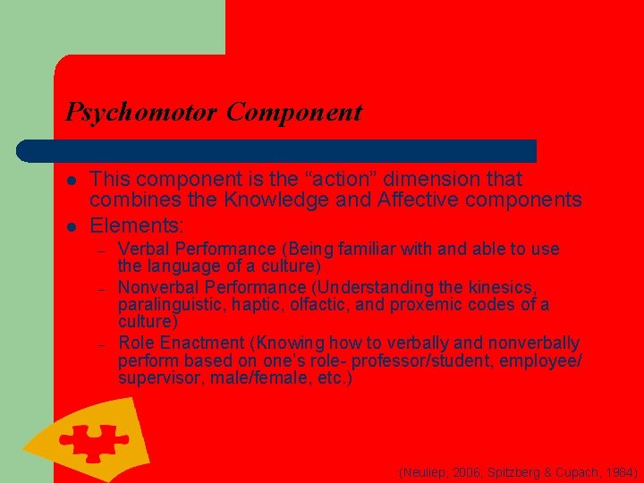 Psychomotor Component l l This component is the “action” dimension that combines the Knowledge