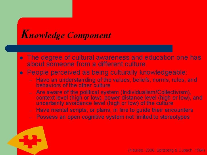 Knowledge Component l l The degree of cultural awareness and education one has about