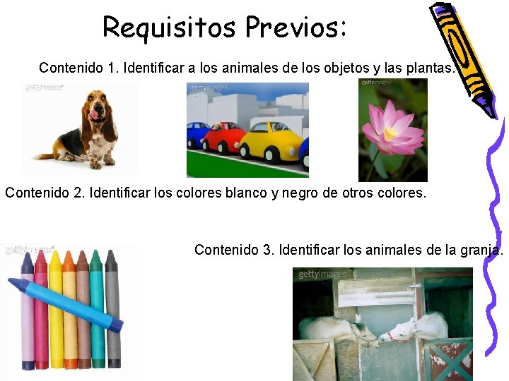 Requisitos Previos: Contenido 1. Identificar a los animales de los objetos y las plantas.