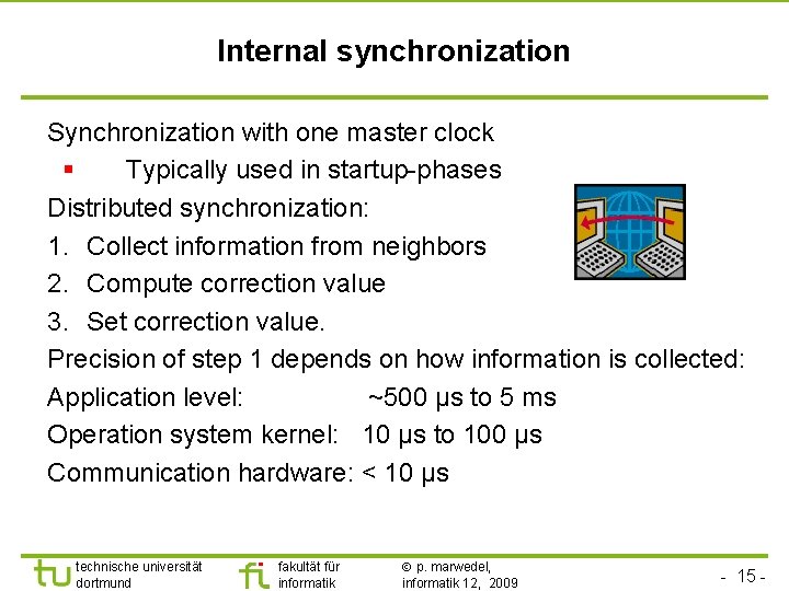 TU Dortmund Internal synchronization Synchronization with one master clock § Typically used in startup-phases