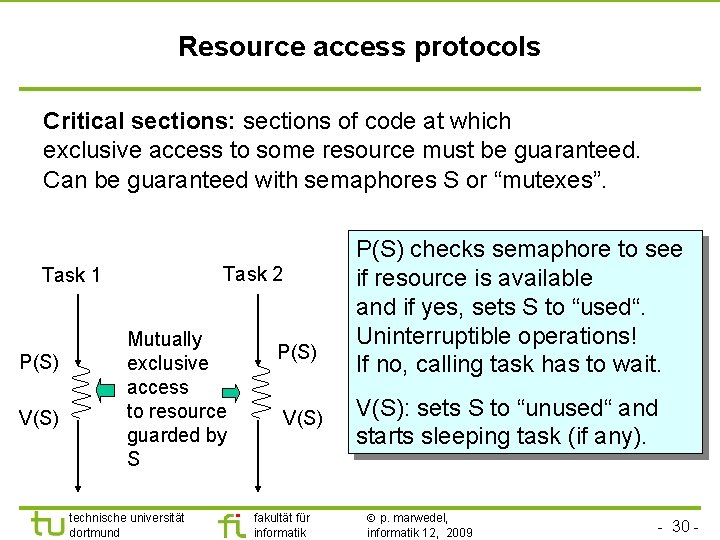 TU Dortmund Resource access protocols Critical sections: sections of code at which exclusive access