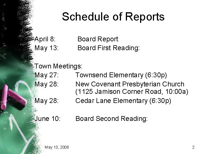 Schedule of Reports April 8: May 13: Board Report Board First Reading: Town Meetings: Schedule of Reports April 8: May 13: Board Report Board First Reading: Town Meetings: