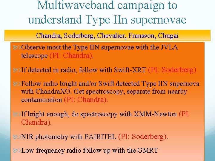 Multiwaveband campaign to understand Type IIn supernovae Chandra, Soderberg, Chevalier, Fransson, Chugai Observe most