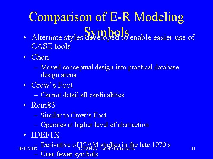 Comparison of E-R Modeling • Alternate styles Symbols developed to enable easier use of