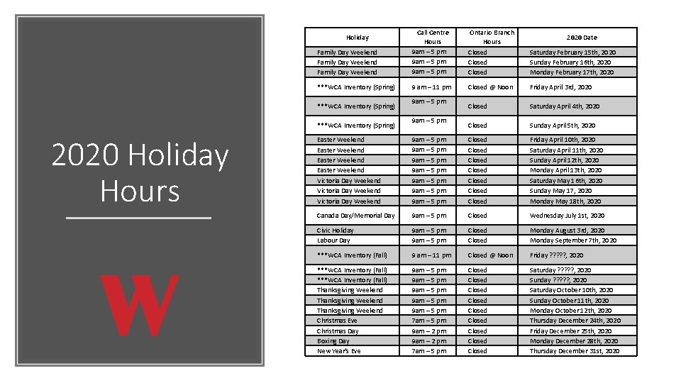 Family Day Weekend Call Centre Hours 9 am – 5 pm Ontario Branch Hours